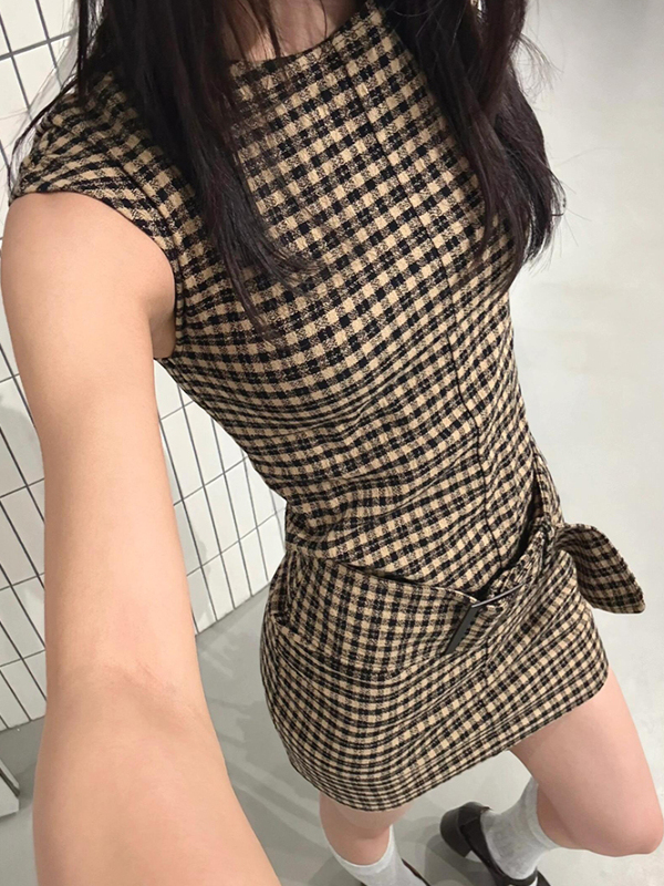 Retro Korean Plaid Slimming Ve - đánh giá và giá Linen Dress Wrap